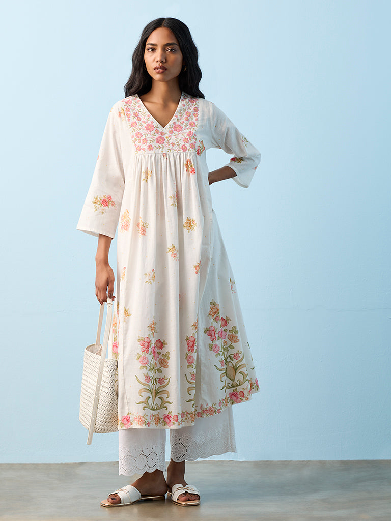 Utsa White Foliage Pattern Anarkali Cotton Kurta