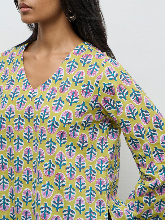 Utsa Lime Floral Printed Cotton Tunic