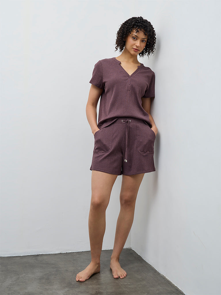 Wunderlove Dark Mauve Self-Striped High-Rise Shorts
