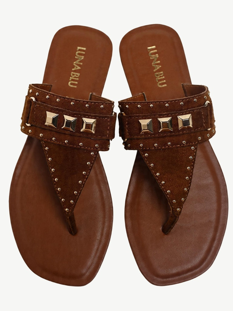 LUNA BLU Tan Embellished Thong-Strap Sandals