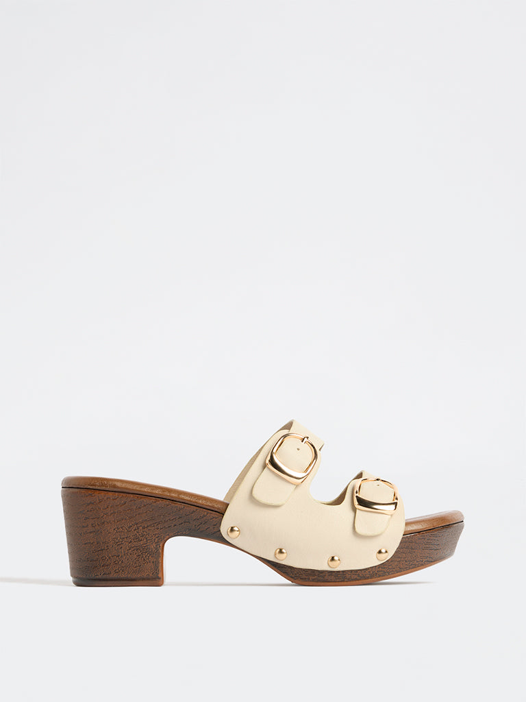 LUNA BLU Ivory Double-Buckle Block-Heel Sandals
