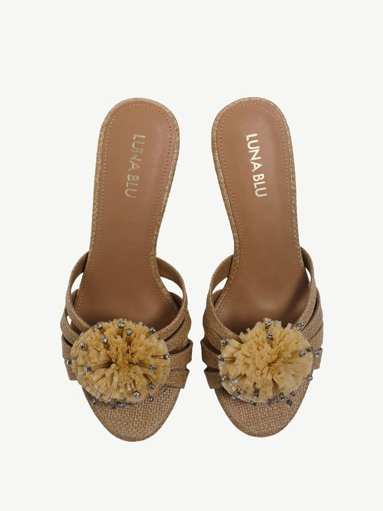 LUNA BLU Beige Raffia Flower Heel Sandals