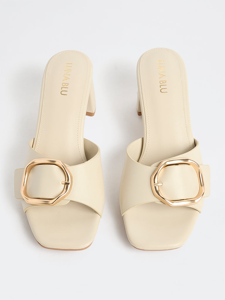 LUNA BLU Ivory Buckle-Detail Block-Heel Sandals