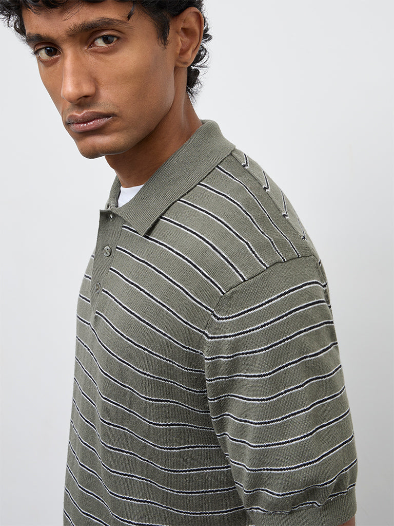 Ascot Olive Stripe Printed Relaxed-Fit Polo T-Shirt