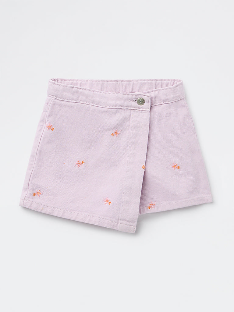 HOP Kids Girls Lilac Embroidered High-Rise Denim Skorts