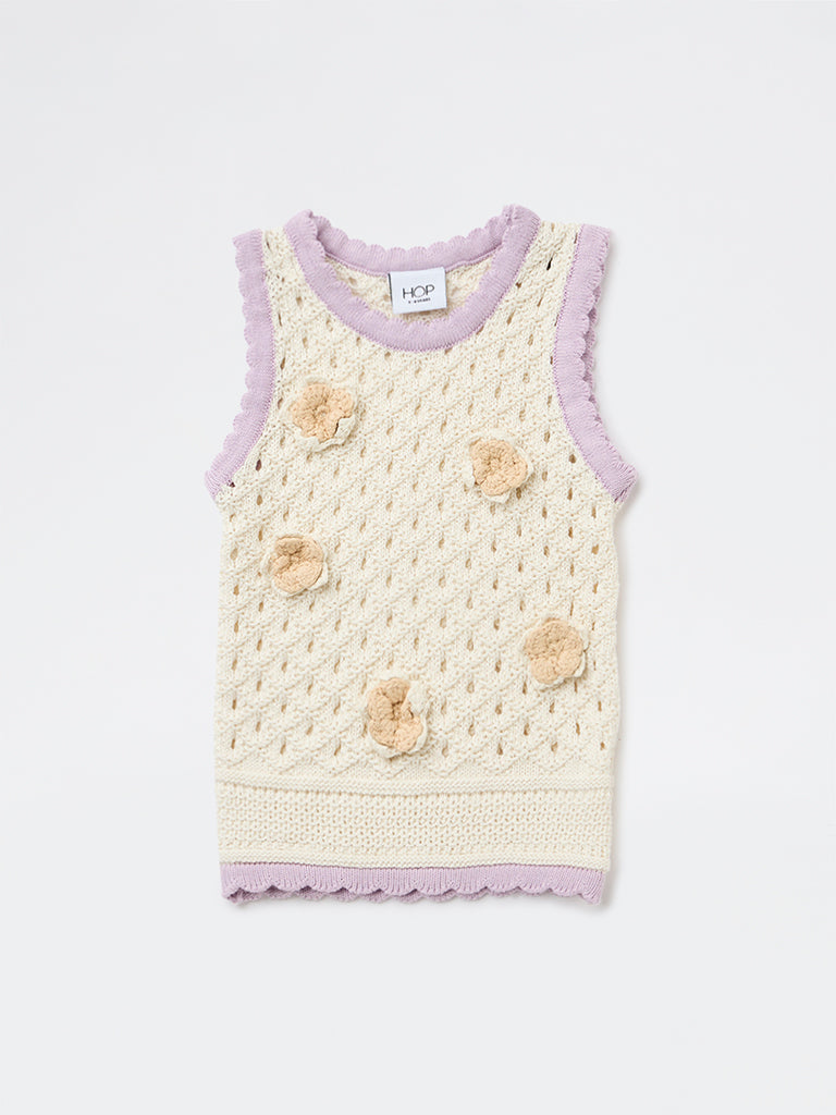 HOP Kids Girls Off-White Crochet-Knitted Cotton Top