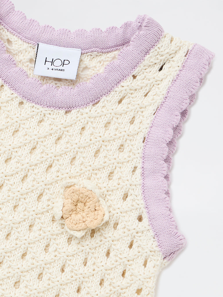 HOP Kids Girls Off-White Crochet-Knitted Cotton Top