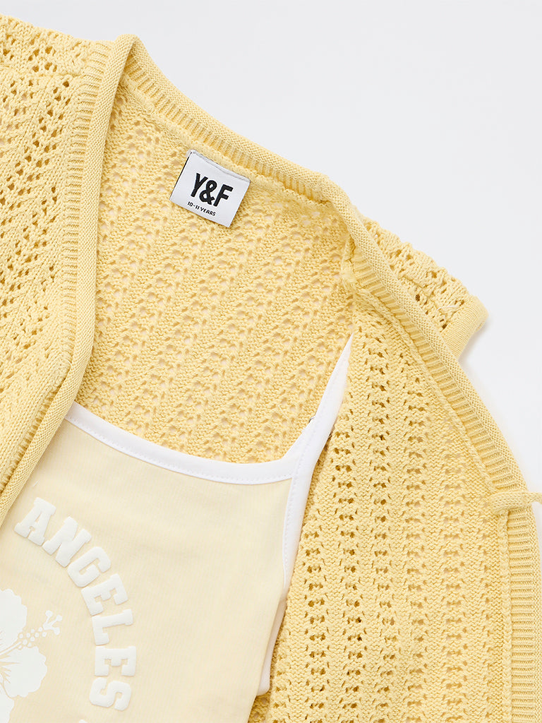 Girls Yellow Crochet-Knit Cotton Top with Camisole