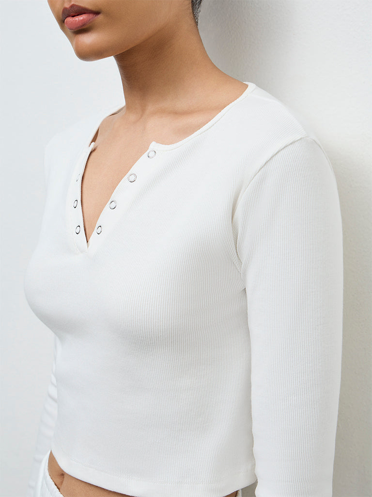 Nuoflexx White Ribbed Cotton-Blend Top