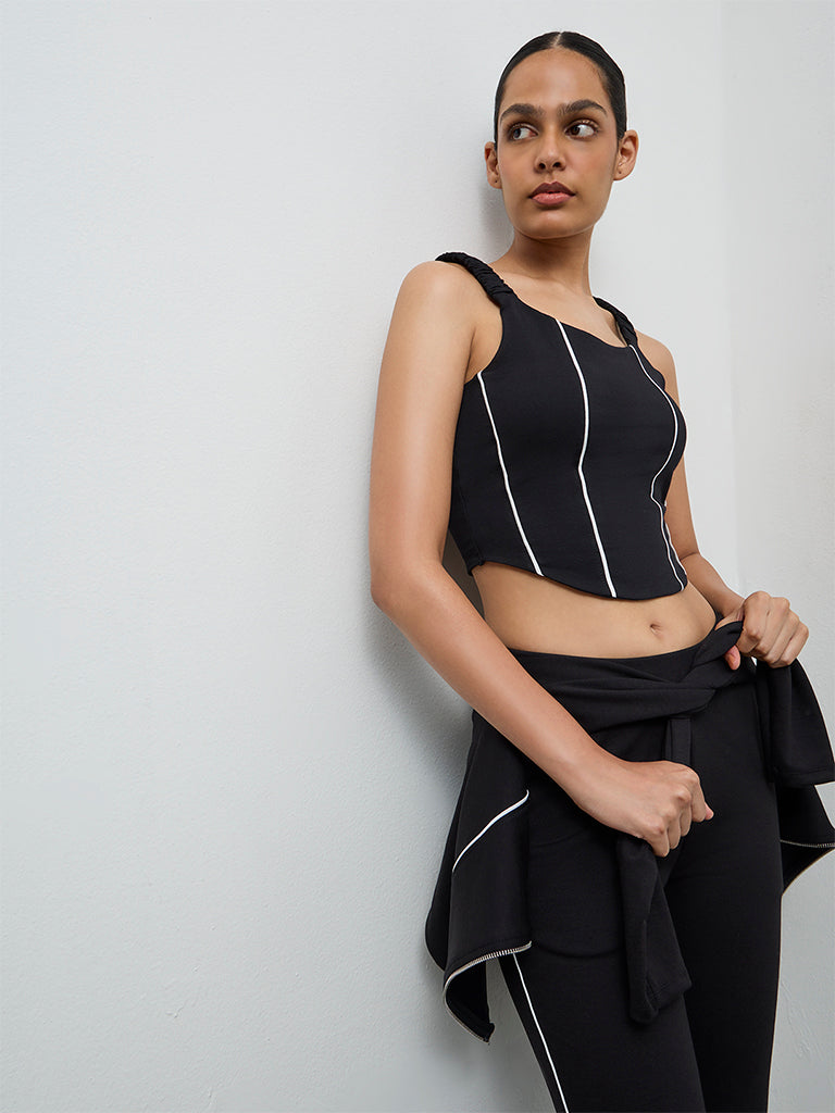 Nuoflexx Black Pipeline-Detailed Cotton-Blend Top