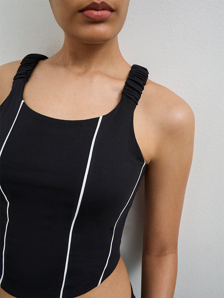 Nuoflexx Black Pipeline-Detailed Cotton-Blend Top
