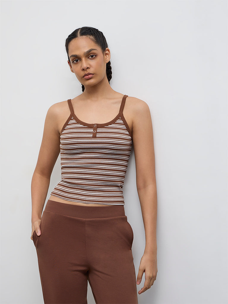 Nuoflexx Brown Stripe Printed Cotton-Blend Top
