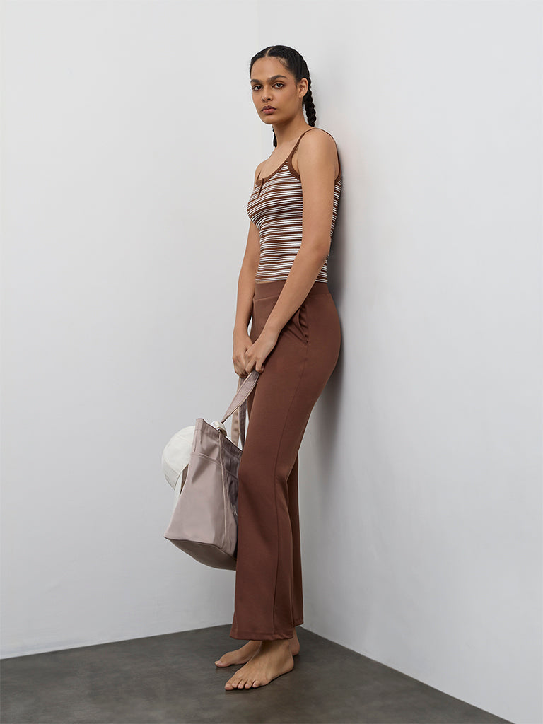 Nuoflexx Brown Stripe Printed Cotton-Blend Top