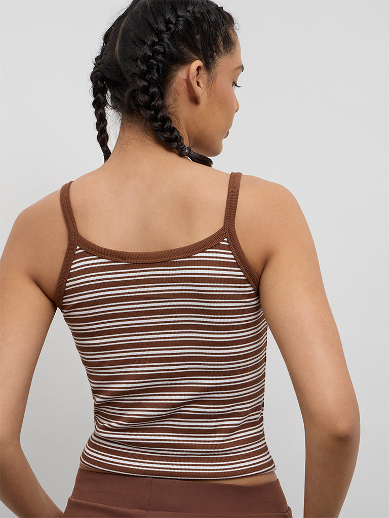 Nuoflexx Brown Stripe Printed Cotton-Blend Top