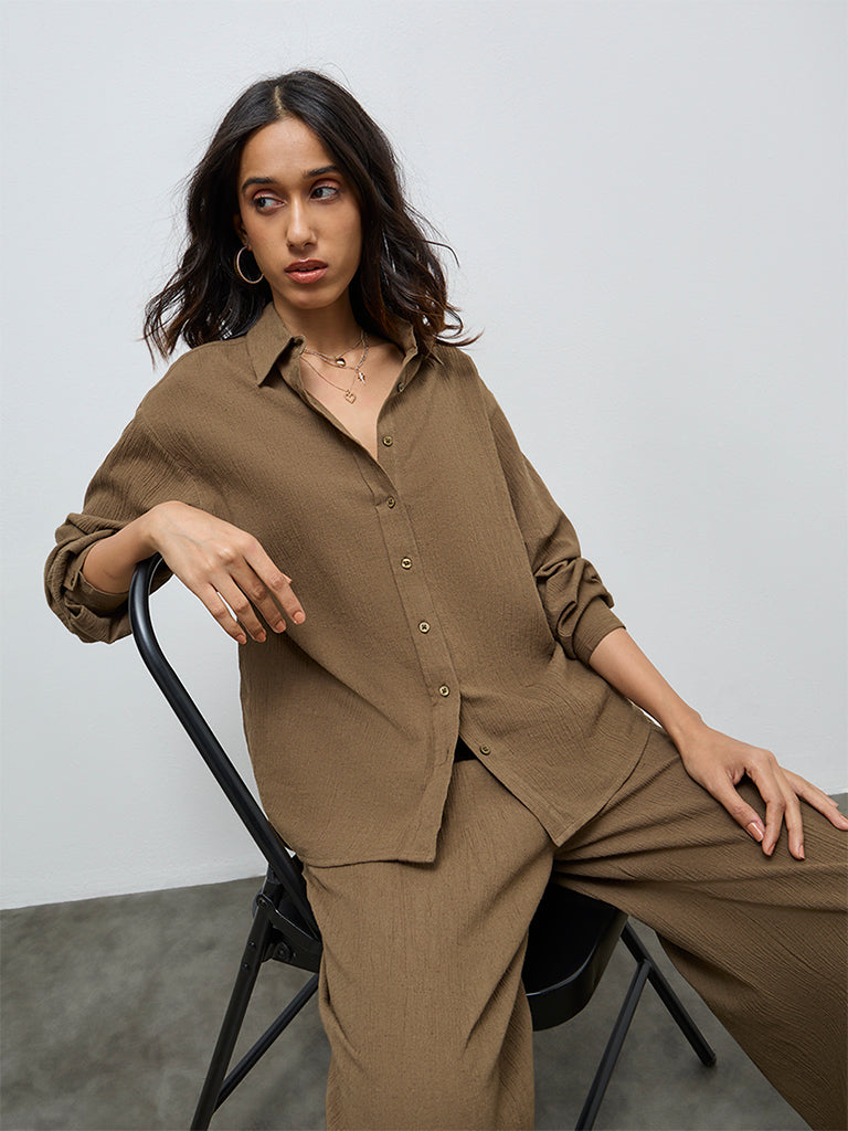 LOV Brown Self-Textured Shirt