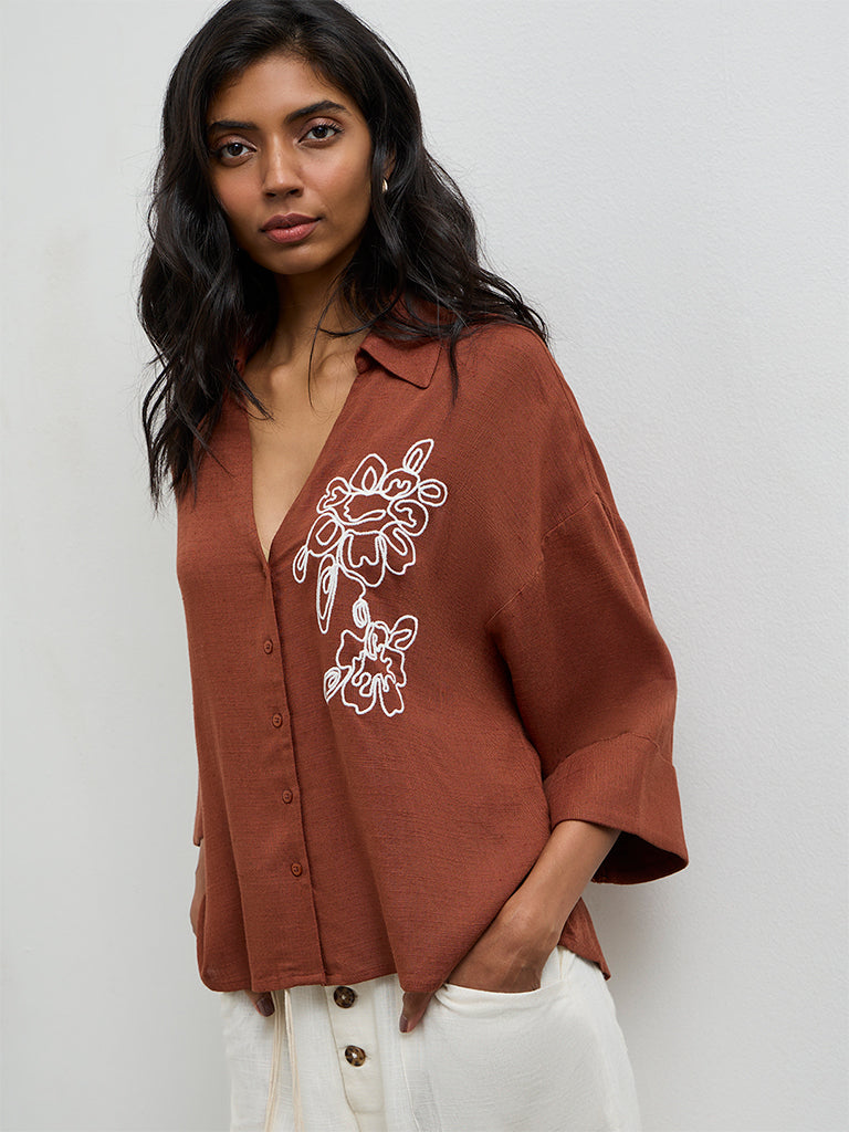 LOV Brown Floral Embroidered Blouse