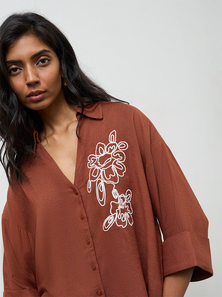 LOV Brown Floral Embroidered Blouse