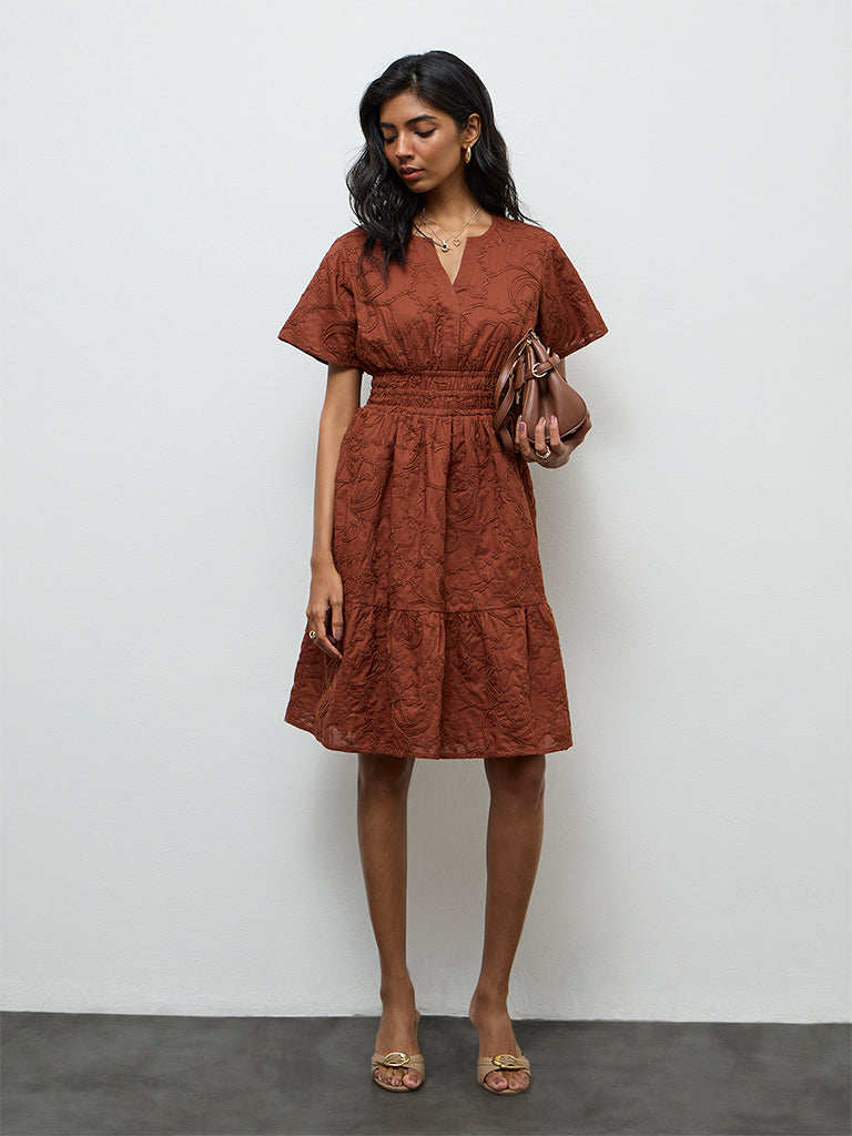 LOV Brown Embroidered A-Line Dress