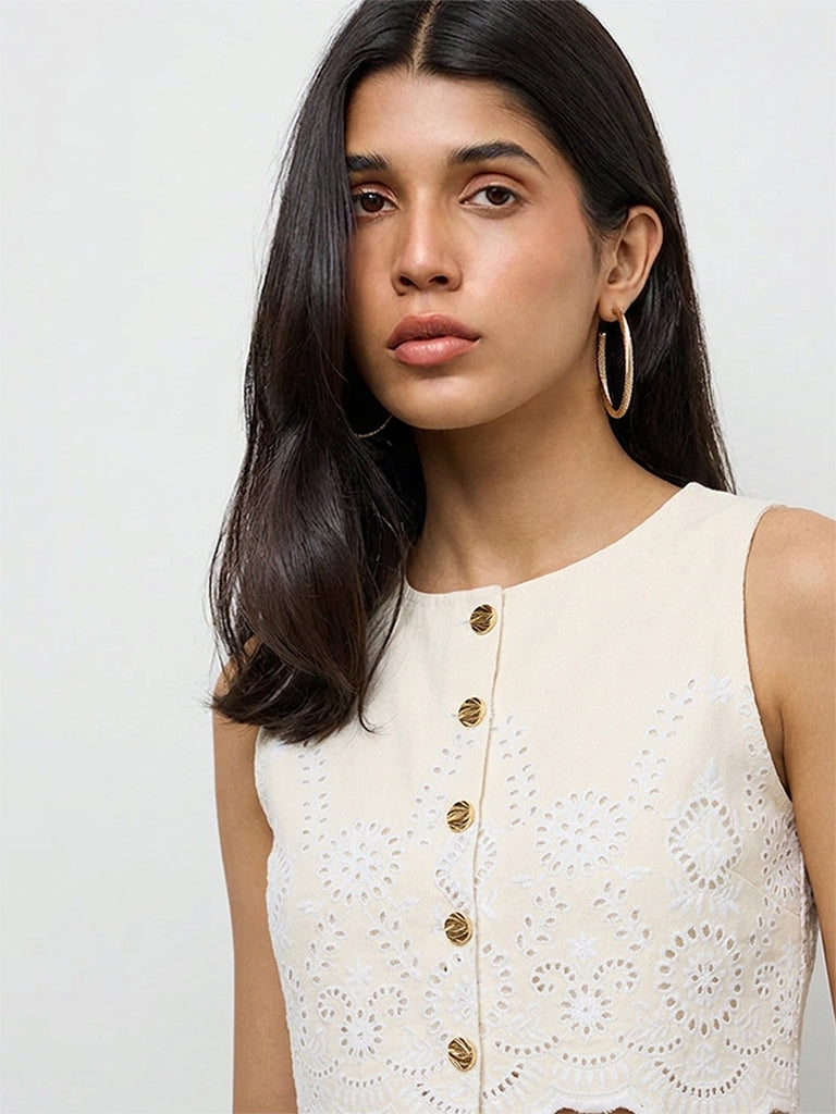 LOV Off-White Schiffli Embroidered Blouse