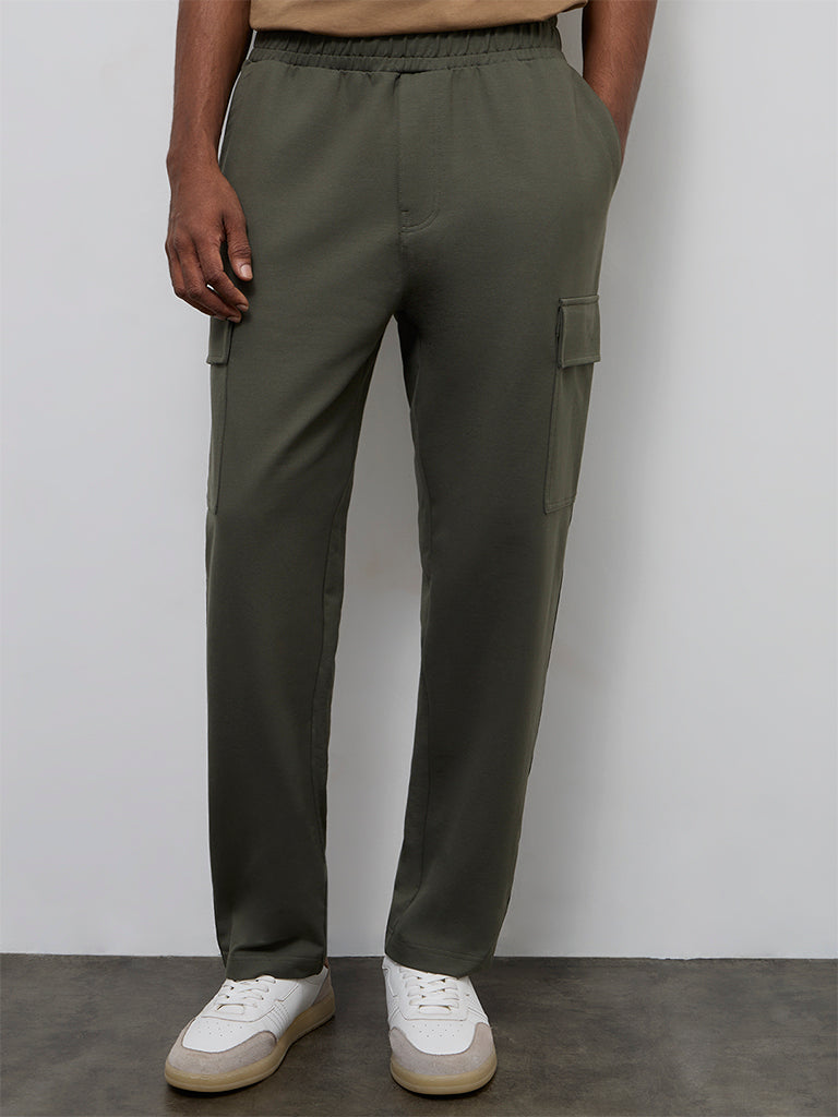 WES Casuals Olive Relaxed-Fit Mid-Rise Cotton-Blend Cargo Pants