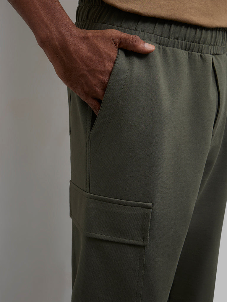 WES Casuals Olive Relaxed-Fit Mid-Rise Cotton-Blend Cargo Pants