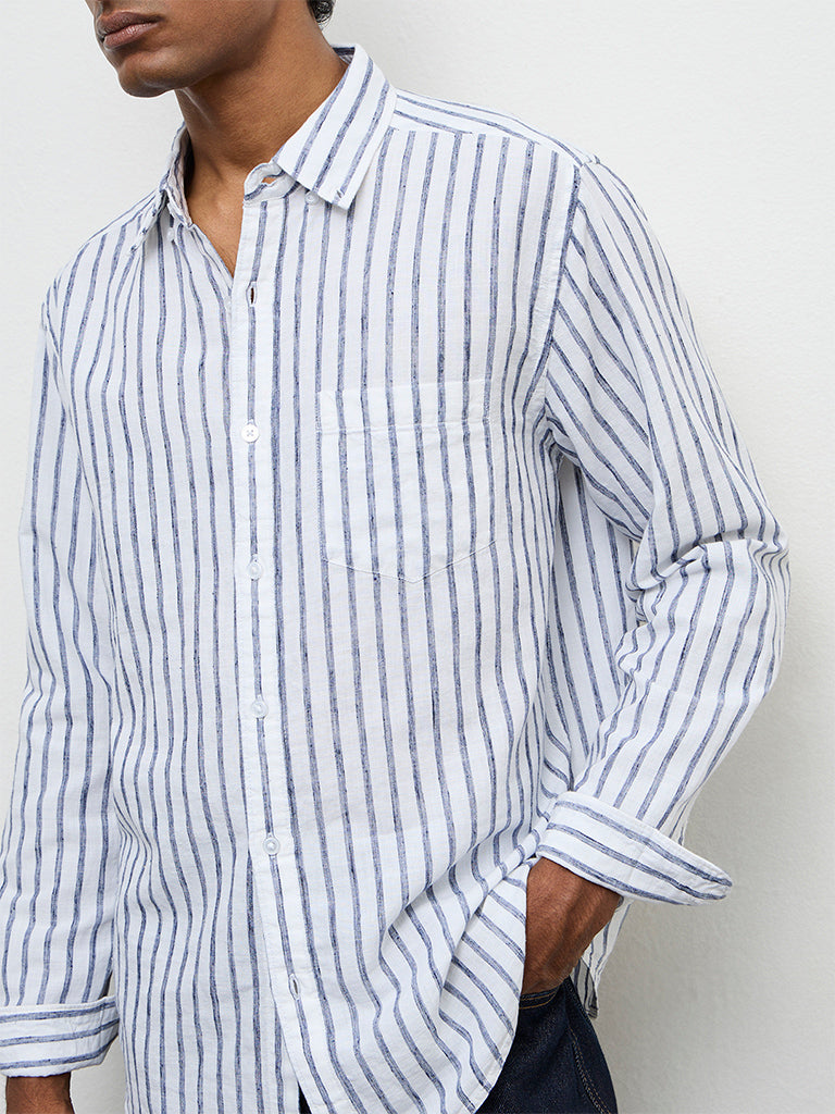 WES Casuals Blue Striped Relaxed-Fit Cotton-Blend Shirt
