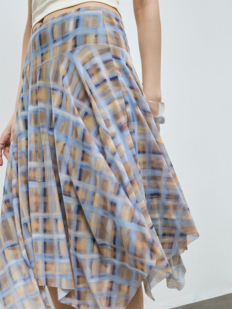 Nuon Blue Checkered Asymmetrical High-Rise Skirt