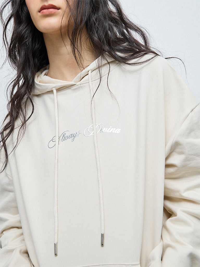 Nuon Light Beige Printed Cotton Hoodie