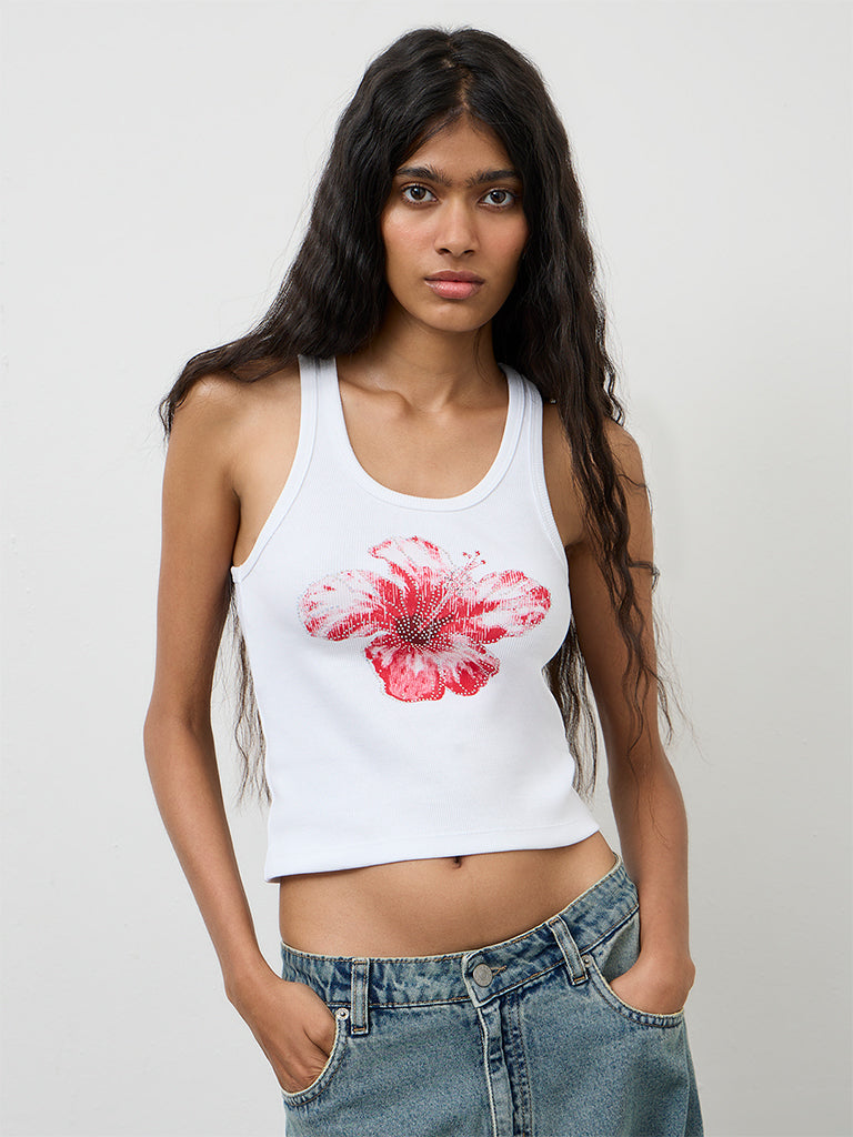 Nuon White Floral Printed Cotton-Blend Top