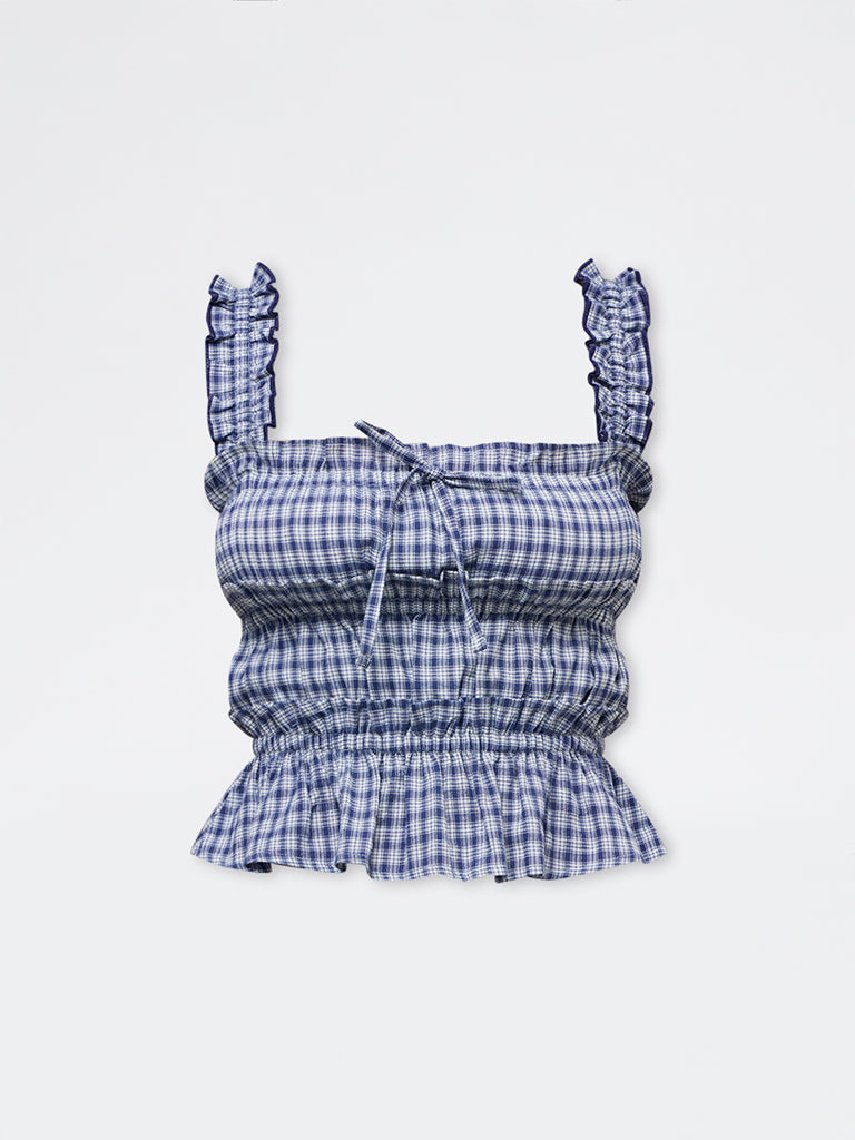 LOV Navy Checkered Cotton-Blend Top