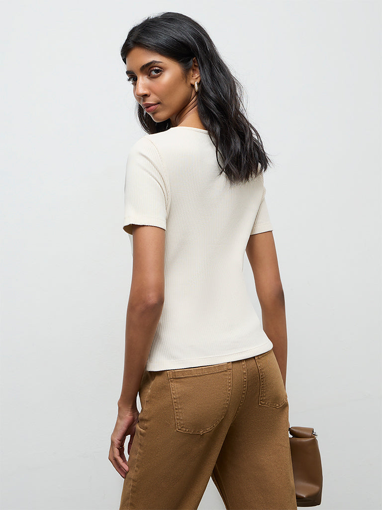 LOV Off-White Lace-Detailed Cotton-Blend Top