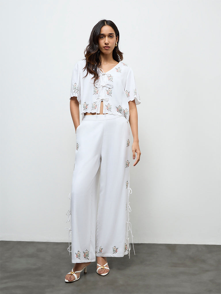 LOV Off-White Embroidered High-Rise Pants