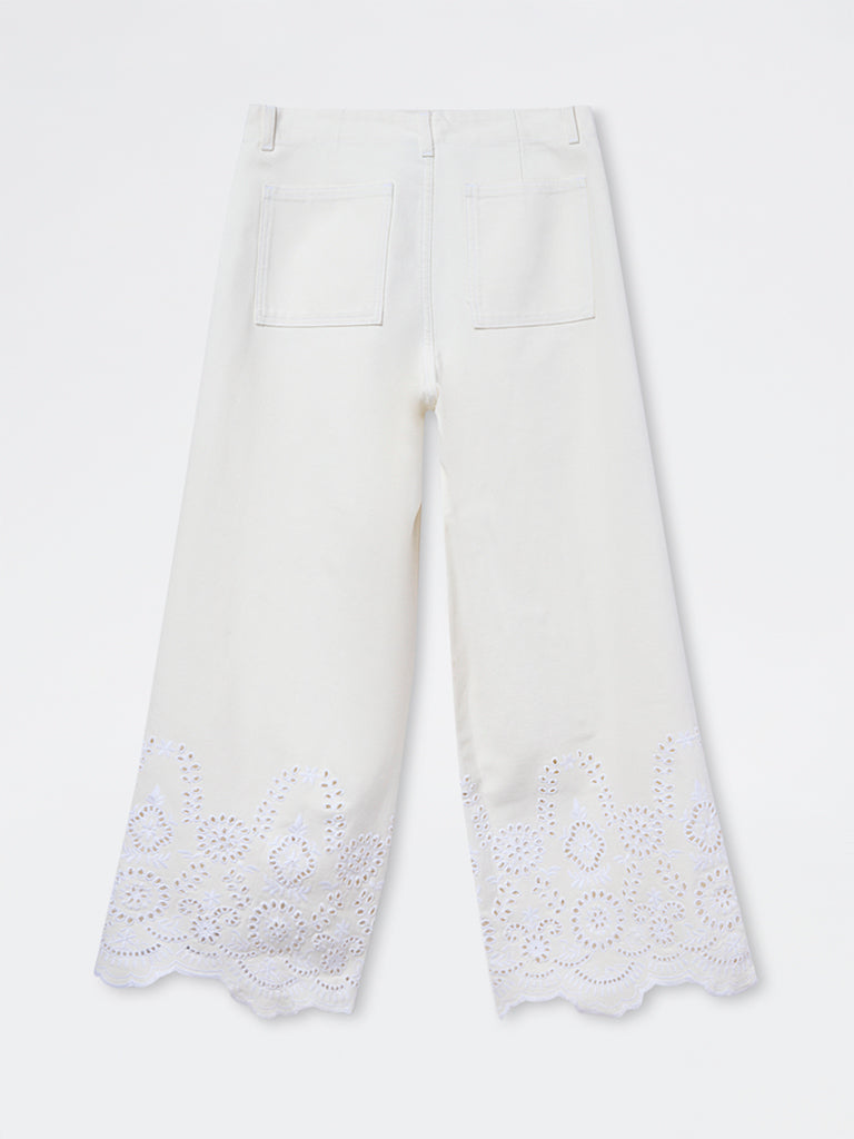 LOV Off-White Schiffli Embroidered High-Rise Cotton Pants