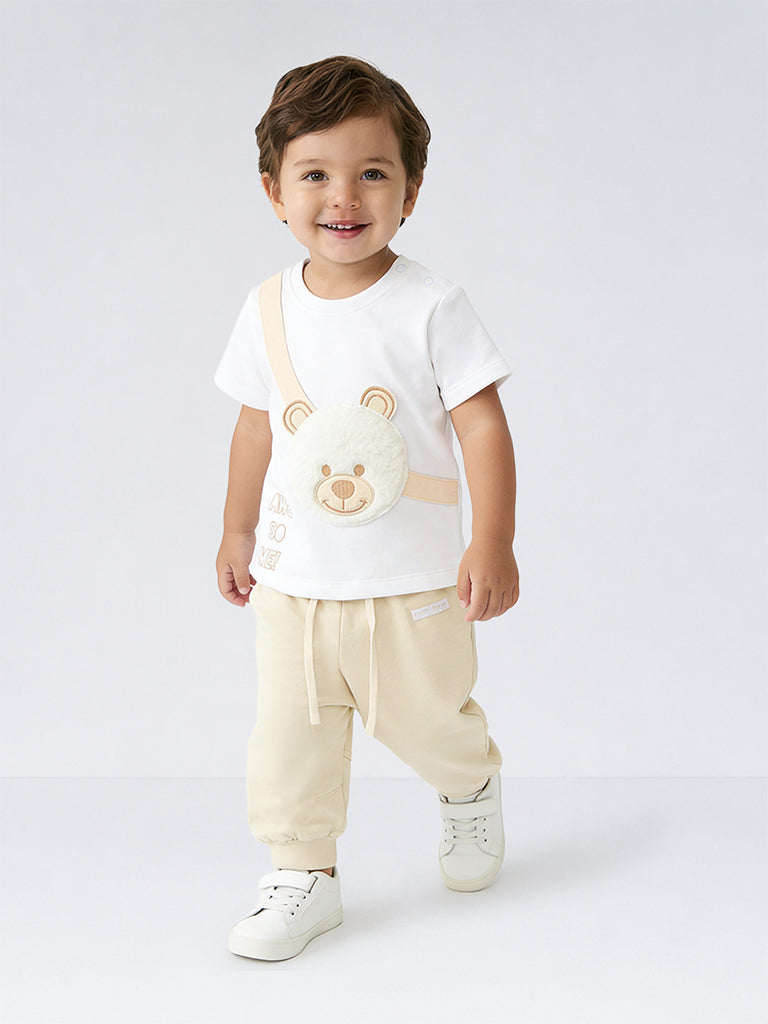 HOP Baby Boys White Bear Design Cotton T-Shirt and Pants Set