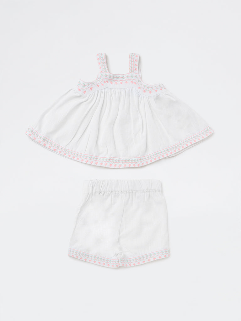 HOP Baby Girls White Floral Embroidered Top and Shorts Set