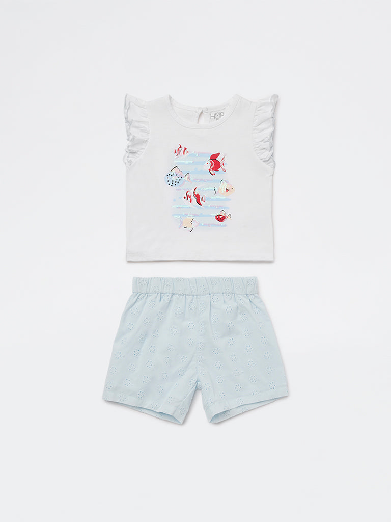 HOP Baby Girls White Embellished Cotton T-Shirt and Shorts Set
