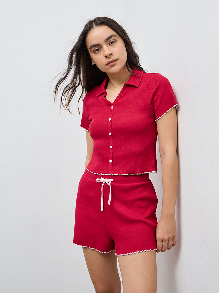 Superstar Red Ribbed Cotton-Blend Top