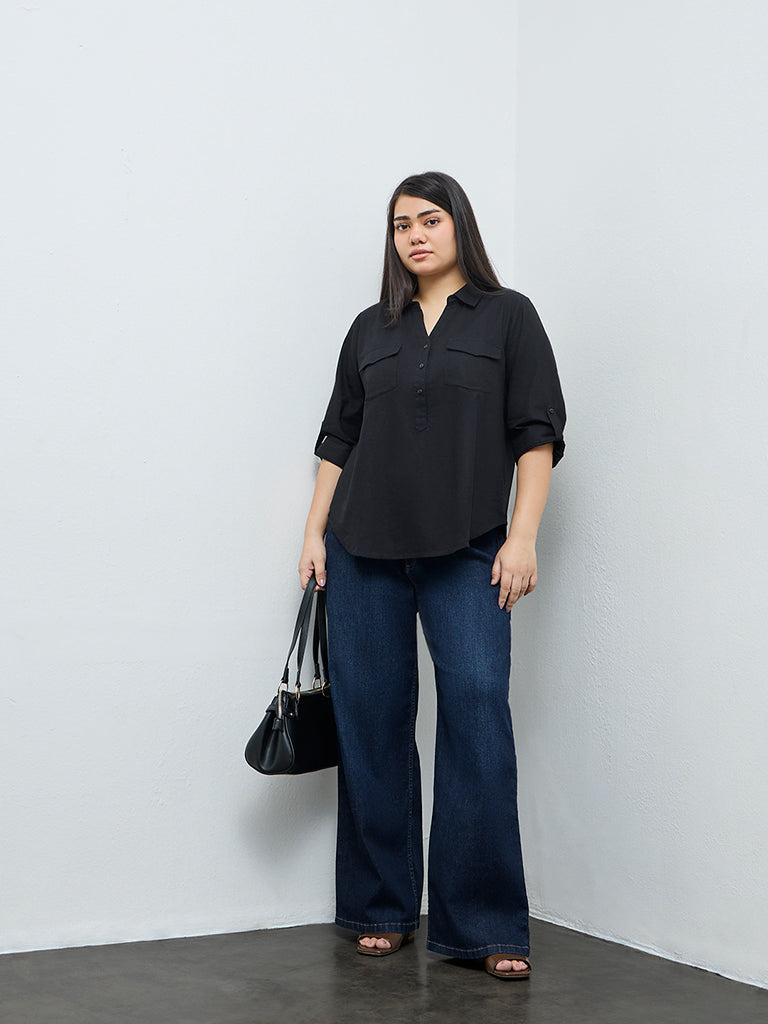 Gia Black Solid Cotton-Blend Blouse