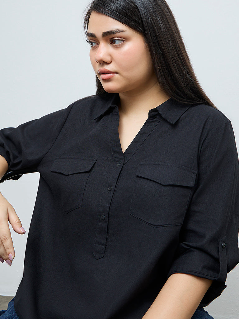 Gia Black Solid Cotton-Blend Blouse