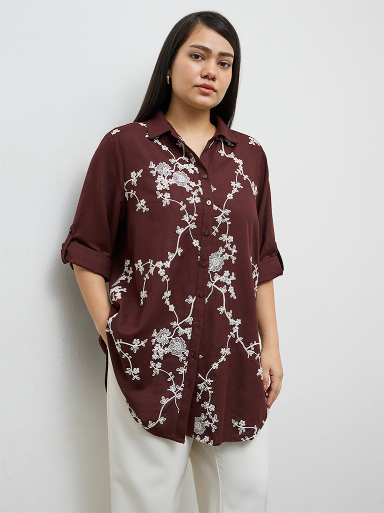 Gia Dark Brown Floral Embroidered Shirt