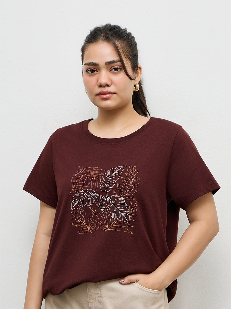 Gia Dark Brown Leaf Design Cotton T-Shirt