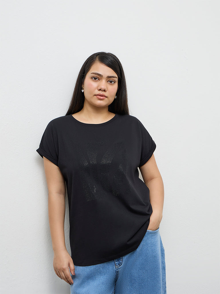 Gia Black Embellished Cotton T-Shirt