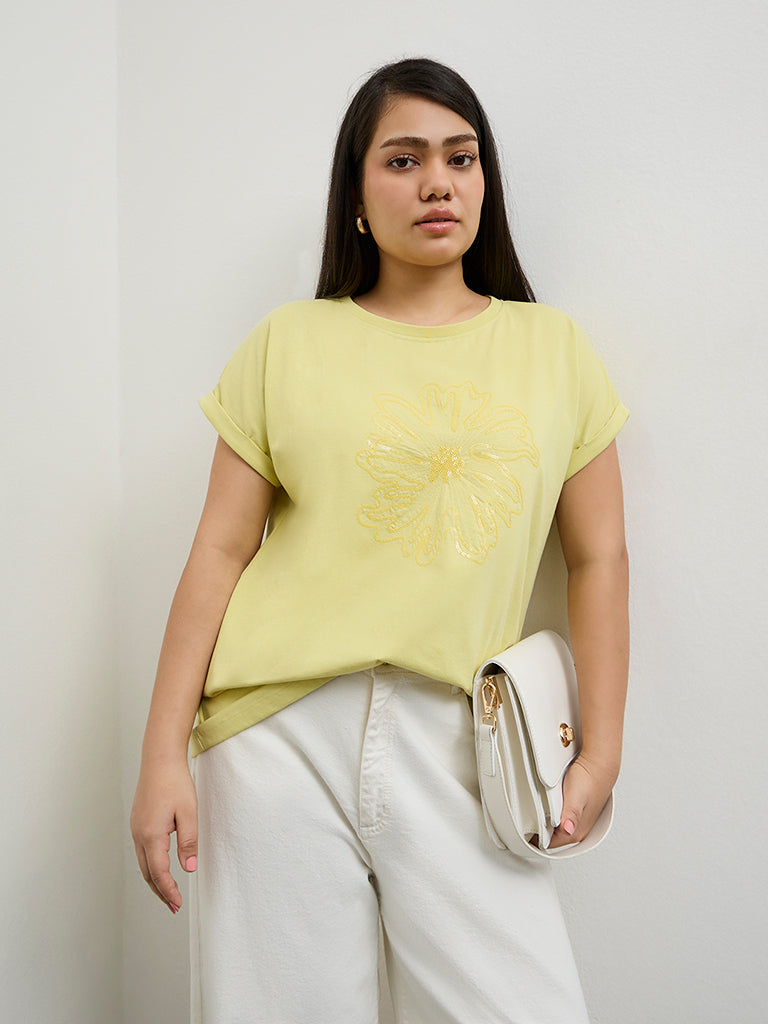 Gia Light Yellow Embellished Cotton T-Shirt