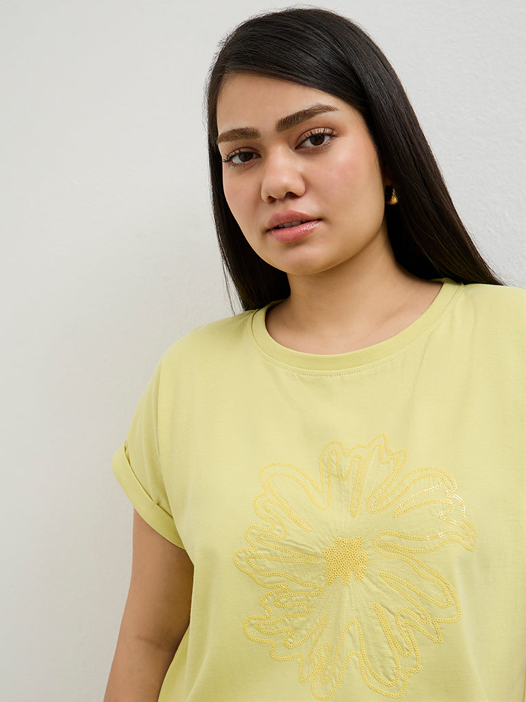 Gia Light Yellow Embellished Cotton T-Shirt