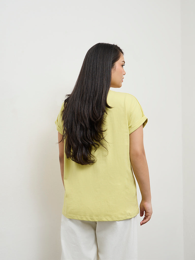 Gia Light Yellow Embellished Cotton T-Shirt