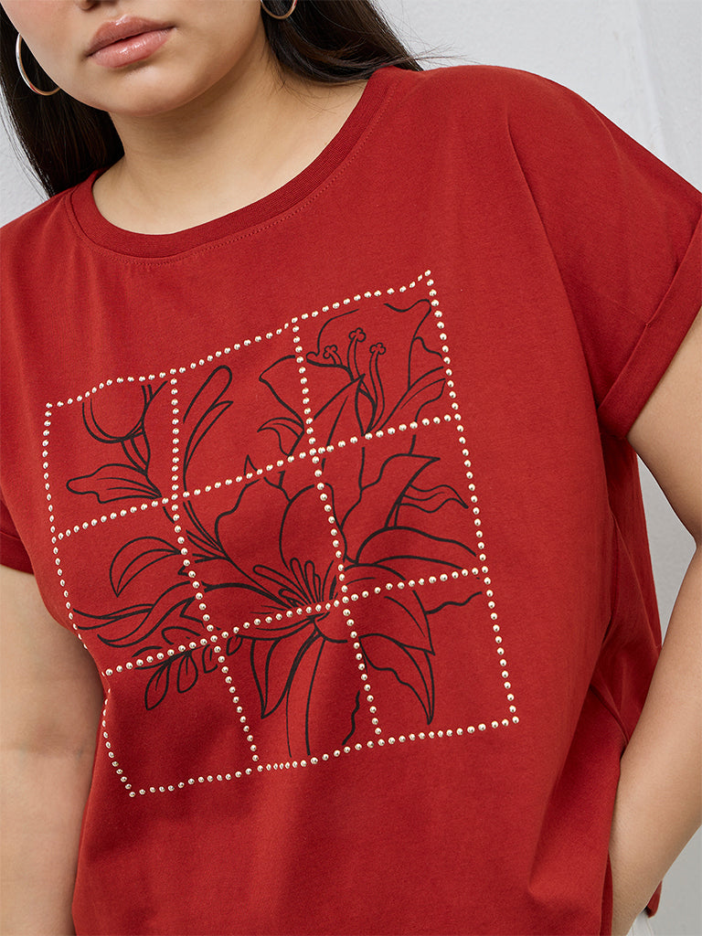 Gia Red Floral Design Cotton T-Shirt