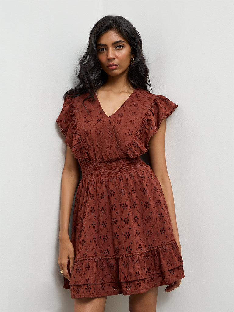 LOV Brown Schiffli-Detailed A-Line Dress