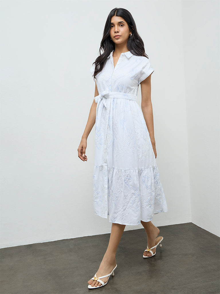 LOV White Floral Embroidered Cotton Shirt Dress with Belt