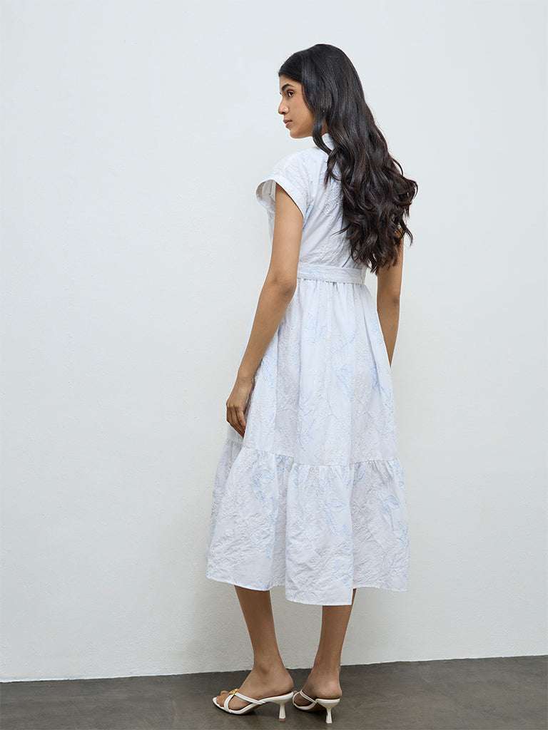 LOV White Floral Embroidered Cotton Shirt Dress with Belt