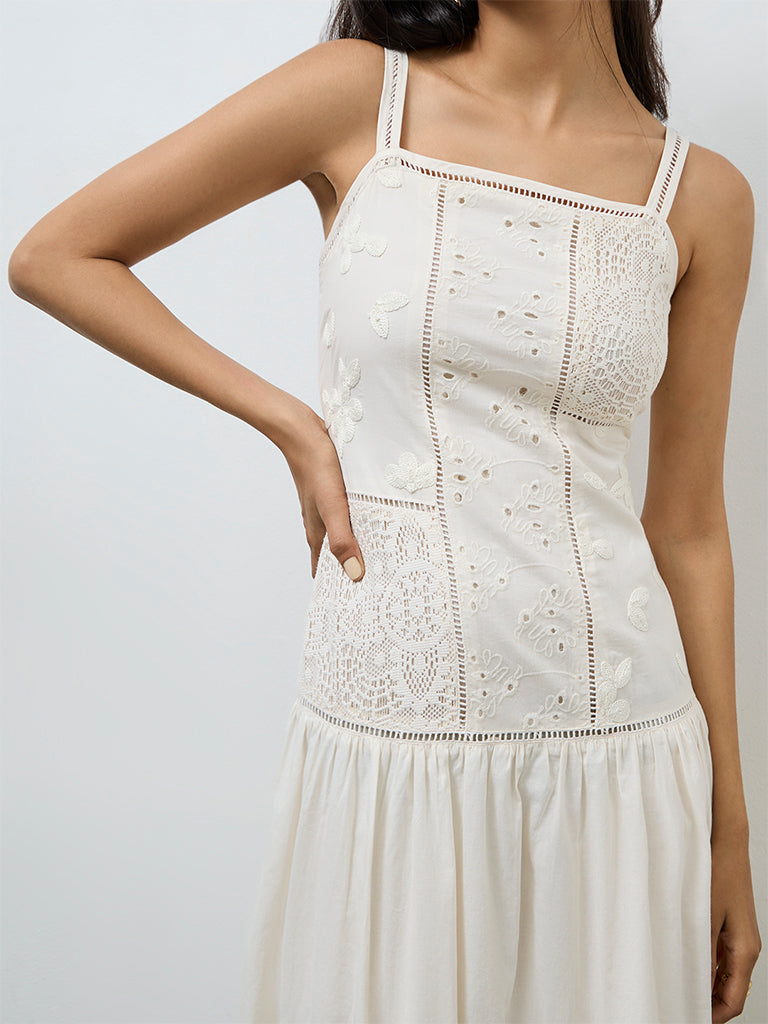 LOV Off-White Embroidered Drop Waist Dress